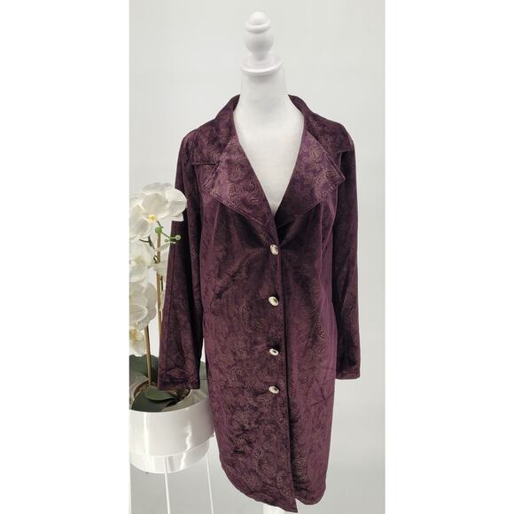 Midnight Velvet Womens Purple Paisley Notch Lapel Velvet Long Jacket Size 1X - Picture 1 of 10
